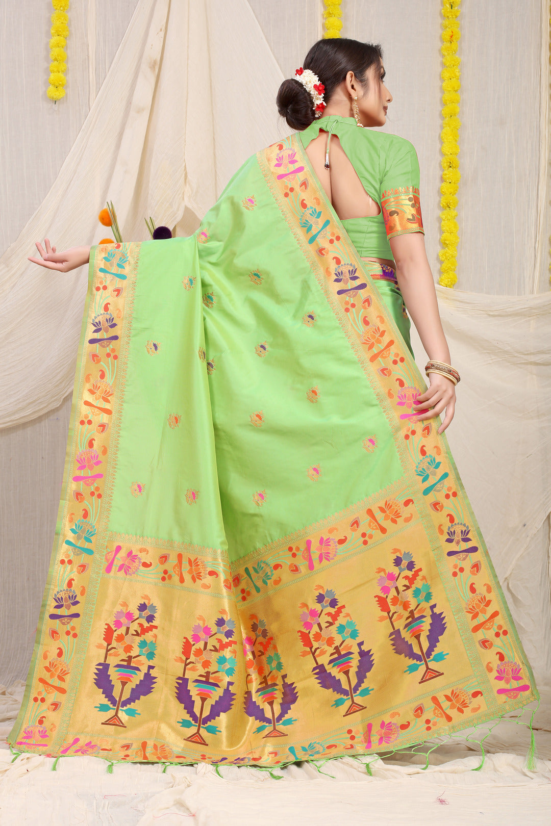 Dhiyona GR Women's Lotus Pista Green Zari Paithani Silk Saree