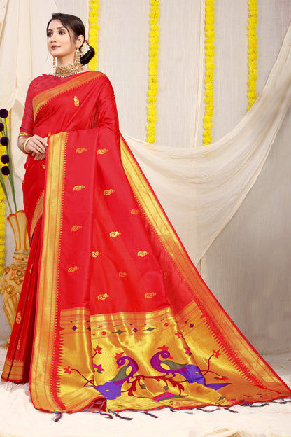 Dhiyona GR Women's Gol Mor Red Zari Paithani Silk Saree