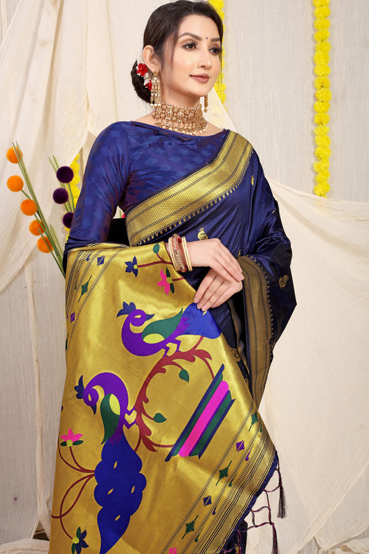 Dhiyona GR Women's Gol Mor Navy Zari Paithani Silk Saree