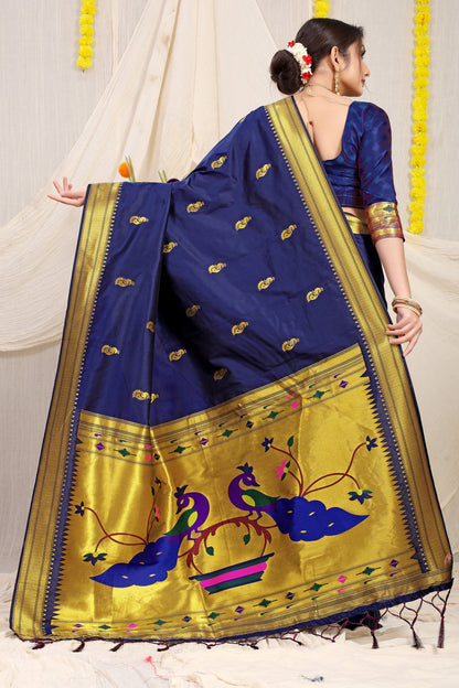 Dhiyona GR Women's Gol Mor Navy Zari Paithani Silk Saree