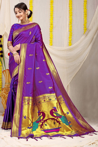 Dhiyona GR Women's Gol Mor Purple Zari Paithani Silk Saree