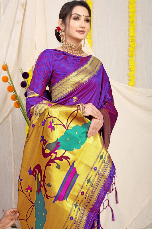 Dhiyona GR Women's Gol Mor Purple Zari Paithani Silk Saree