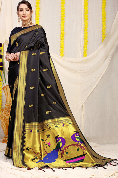 Dhiyona GR Women's Gol Mor Black Zari Paithani Silk Saree