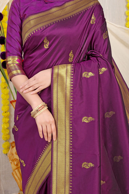 Dhiyona GR Women's Gol Mor Wine Zari Paithani Silk Saree