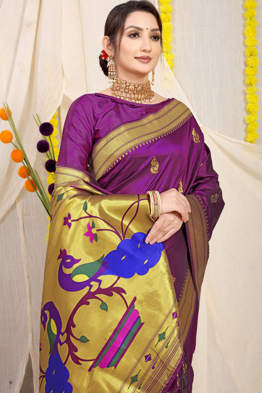 Dhiyona GR Women's Gol Mor Wine Zari Paithani Silk Saree