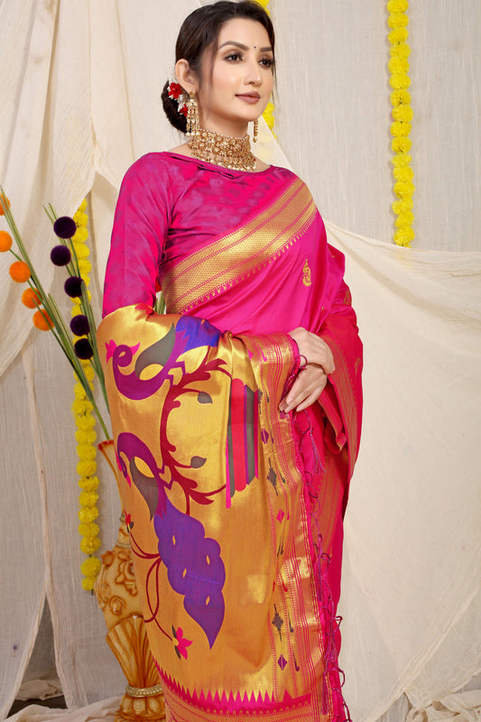 Dhiyona GR Women's Gol Mor Fuchsia Pink Zari Paithani Silk Saree