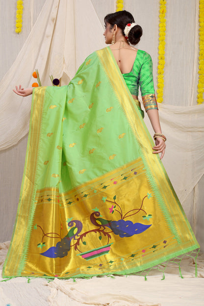 Dhiyona GR Women's Gol Mor Mint Green Zari Paithani Silk Saree