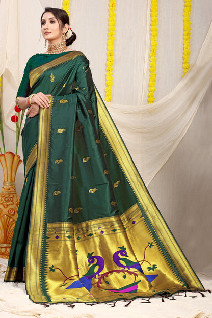 Dhiyona GR Women's Gol Mor Bottle Green Zari Paithani Silk Saree