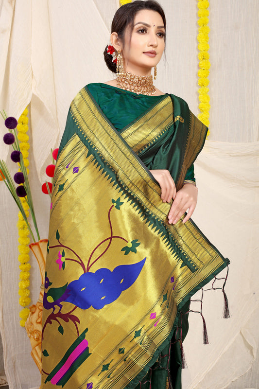 Dhiyona GR Women's Gol Mor Bottle Green Zari Paithani Silk Saree