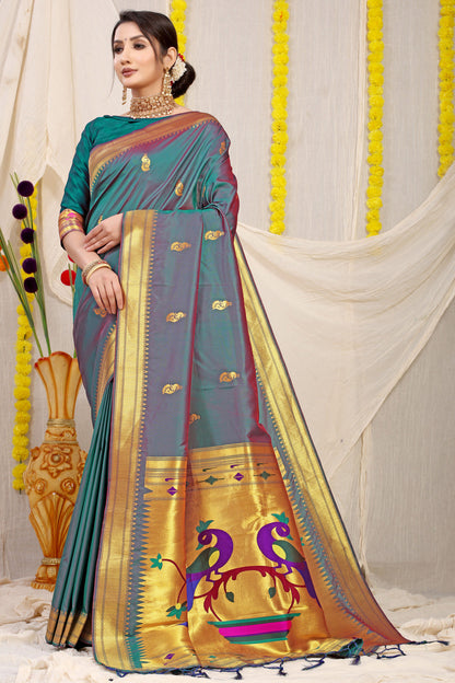 Dhiyona GR Women's Gol Mor Teal Zari Paithani Silk Saree