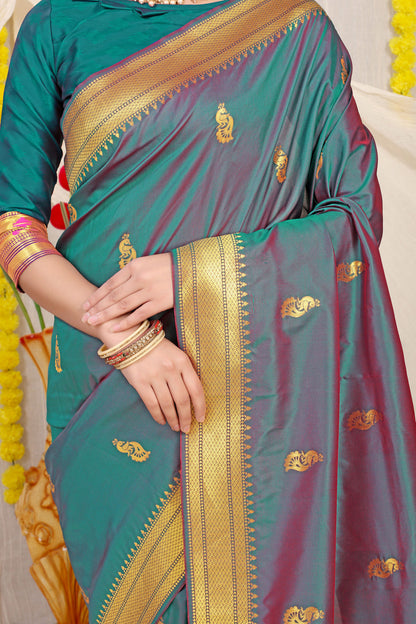 Dhiyona GR Women's Gol Mor Teal Zari Paithani Silk Saree
