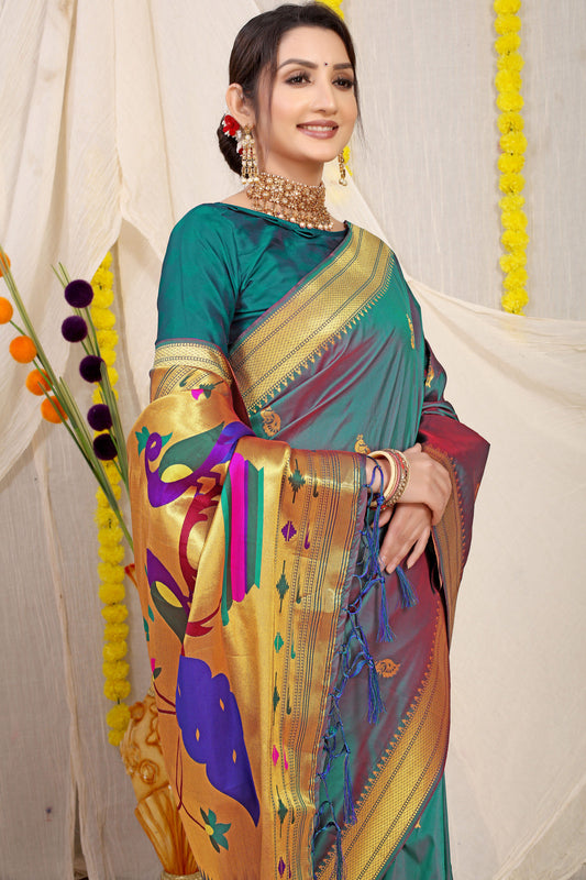 Dhiyona GR Women's Gol Mor Teal Zari Paithani Silk Saree
