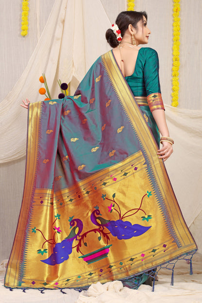 Dhiyona GR Women's Gol Mor Teal Zari Paithani Silk Saree
