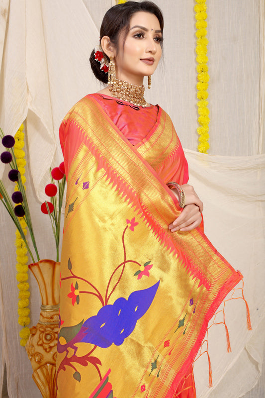 Dhiyona GR Women's Gol Mor Orange Zari Paithani Silk Saree
