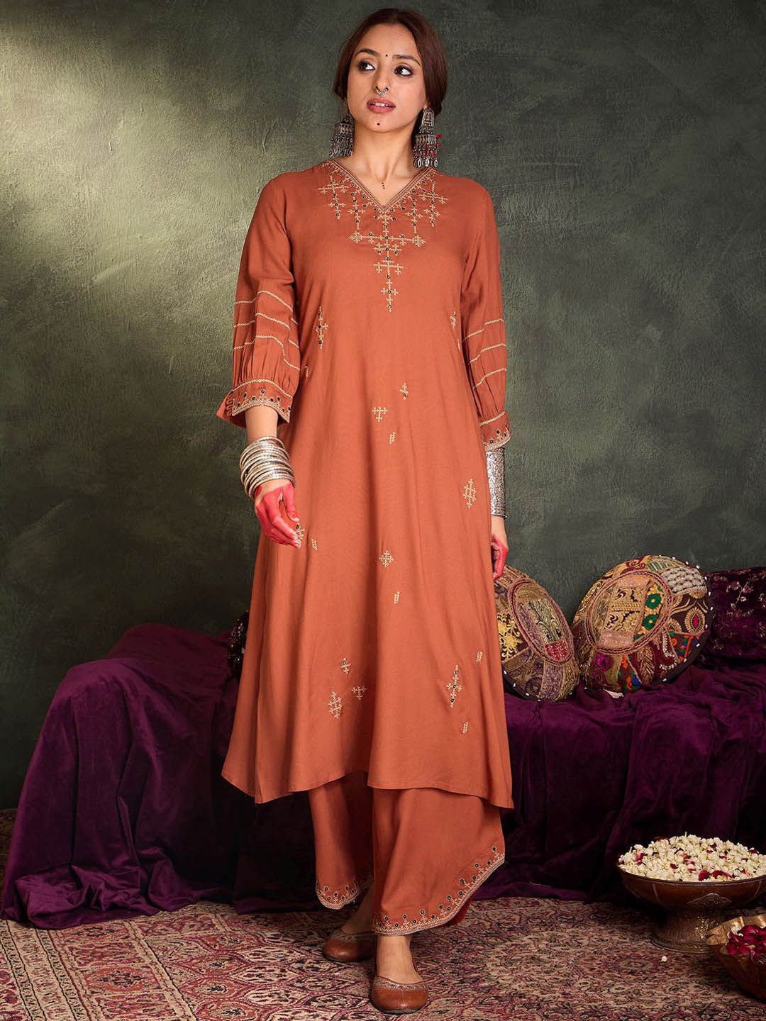 Floral Yoke Design V-Neck Thread Work A-Line Kurta With Palazzos