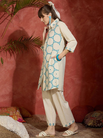 Dhiyona IE Floral Screen Printed Shirt Collar Straight Kurta With Trousers