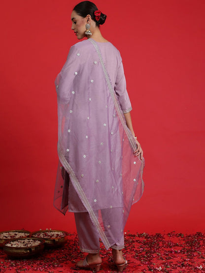 Dhiyona IE Embroidered Sequinned Straight Kurta with Trousers & Dupatta