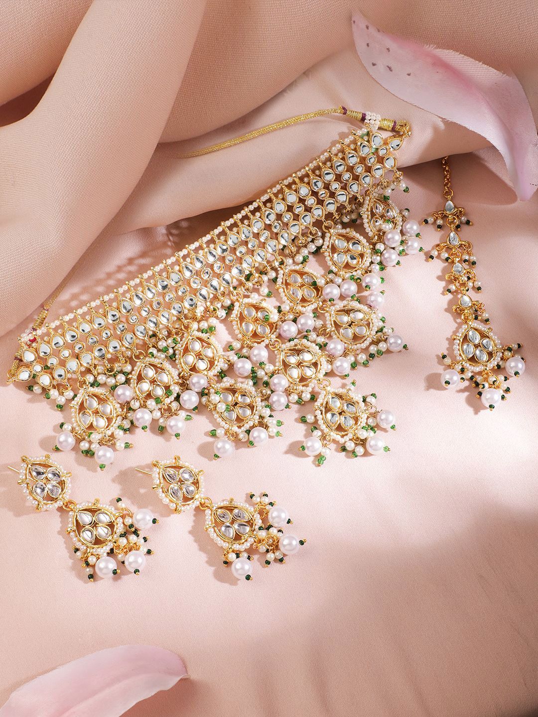 Dhiyona RJ Women's Women 22KT Gold Plated Luxury Kundan Studded White Beaded Choker Necklace Set