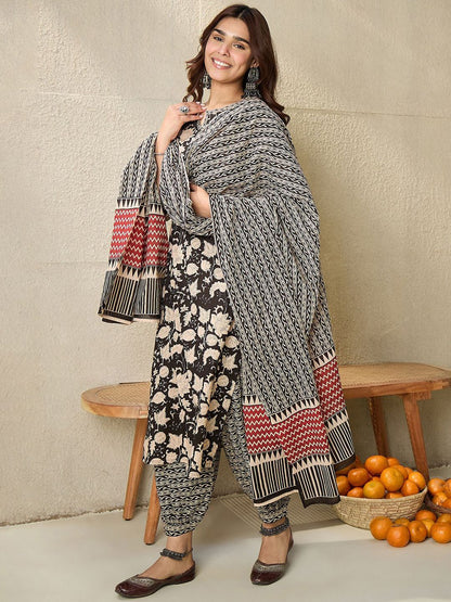 Dhiyona IE Floral Printed Notch Neck Pure Cotton Straight Kurta With Salwar & Dupatta