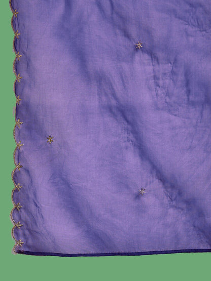 Dhiyona SN Women's Purple & Gold Toned Zari Embroidered Straight Kurta With Trouser & Dupatta