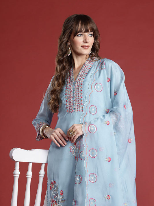 Dhiyona IE Floral Embroidered Sequinned Kurta with Trousers & With Dupatta