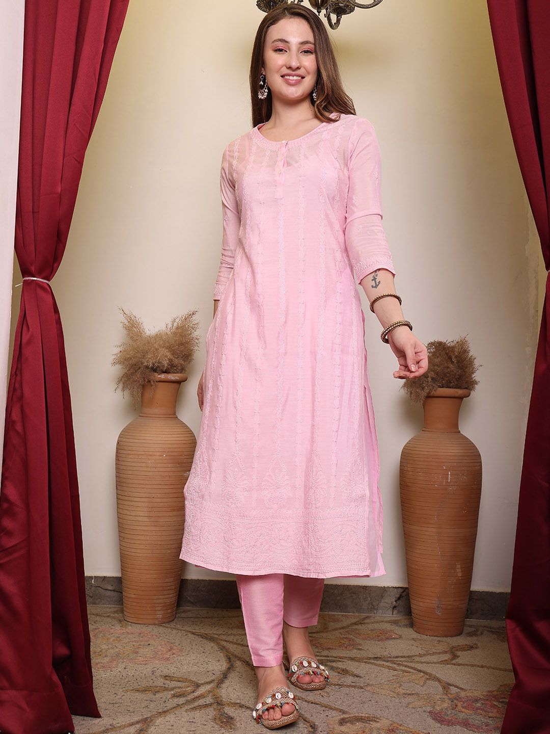Dhiyona PD Women Chikankari Embroidered Straight Kurta With Trouser & Dupatta