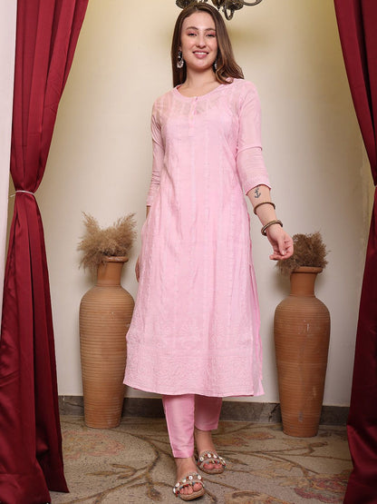 Dhiyona PD Women Chikankari Embroidered Straight Kurta With Trouser & Dupatta