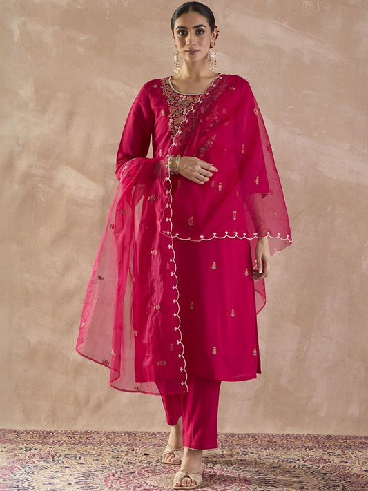 Floral Embroidered Regular Thread Work Straight Kurta With Trousers & Dupatta