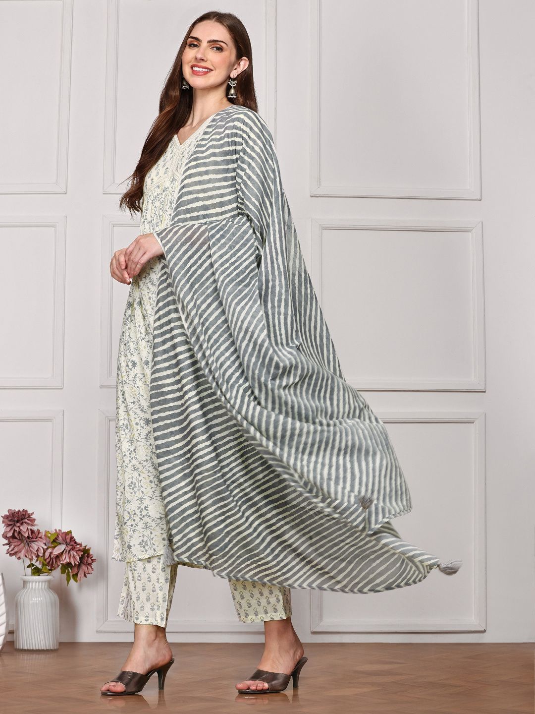 Dhiyona IS Women's Ethnic Motifs Printed V-Neck Pure Cotton Anarkali Kurta with Trousers & Dupatta
