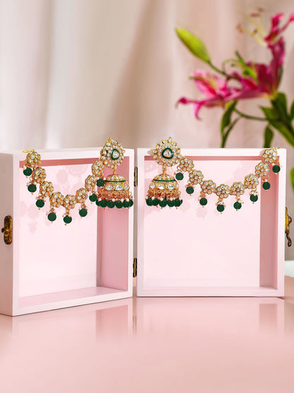 Dhiyona RJ Women's 22K Gold-Plated Kundan Studed Kan Chain Earring with Green Beads & Enamel Detailing