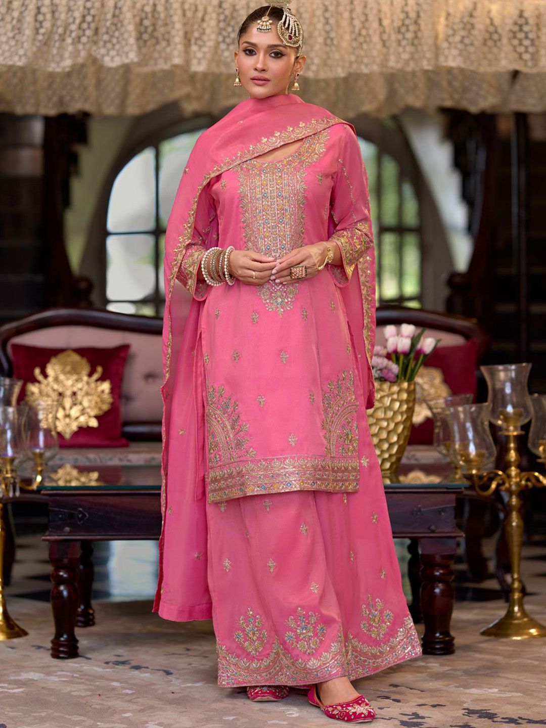 Women Floral Embroidered Kurta with Palazzo & Dupatta