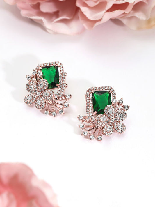 Dhiyona RJ Women's 18K Rose Gold-Plated Emerald Green & Cubic Zirconia Studded Floral Stud Earrings