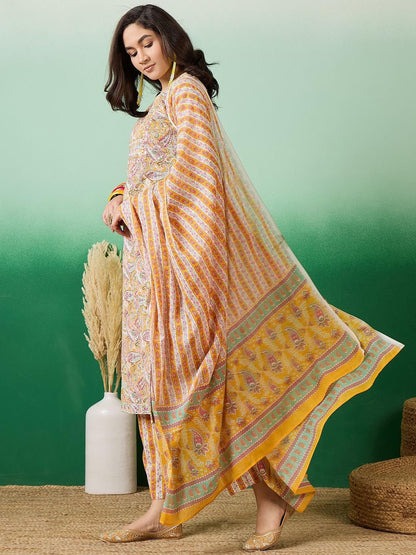 Dhiyona SN Women's Mustard Yellow Printed Pure Cotton Straight Kurta With Trousers & Dupatta