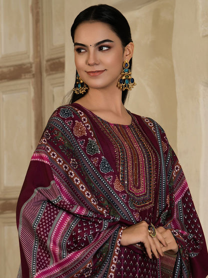Dhiyona SN Women's Floral Printed Round Neck Silk Blend Straight Kurta With Trousers & Dupatta