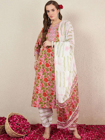 Dhiyona IE Floral Printed Pure Cotton V-Neck A-Line Kurta With Salwar And Dupatta