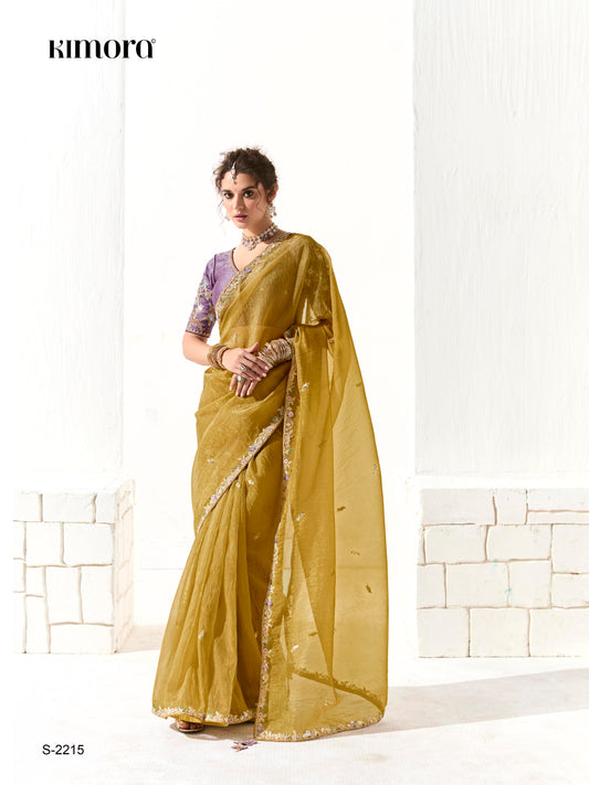 Dhiyona KM Women Mustard Tissue Silk Saree With Sequin Embellishments & Purple Embroidered Blouse