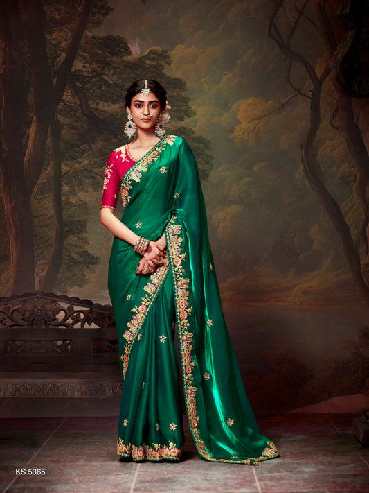 Dhiyona KM Women Emerald Green Designer Organza Silk Saree
