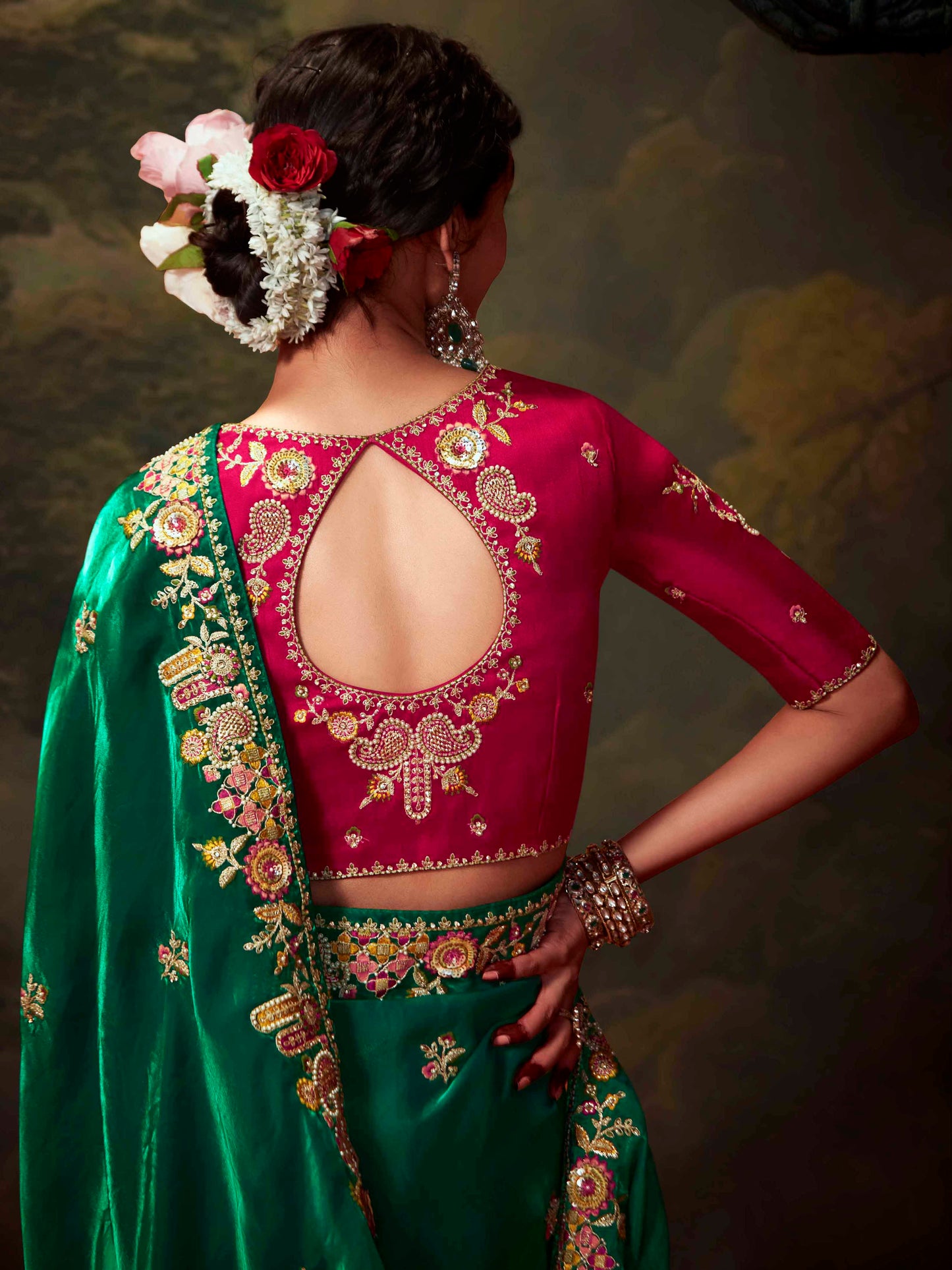 Dhiyona KM Women Emerald Green Designer Organza Silk Saree