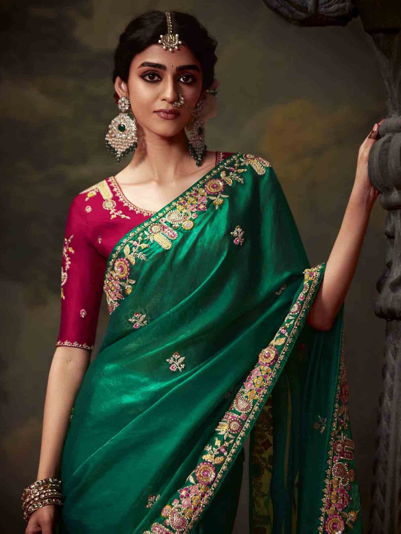 Dhiyona KM Women Emerald Green Designer Organza Silk Saree