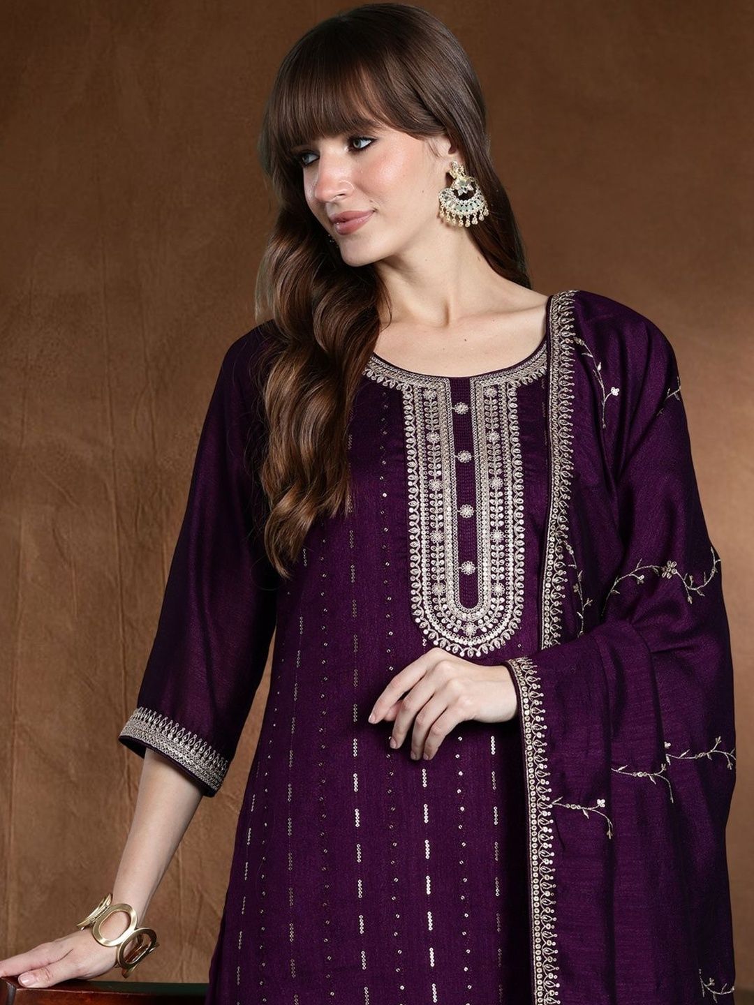 Dhiyona IE Women Ethnic Motifs Embroidered Regular Sequinned Kurta with Trousers & With Dupatta