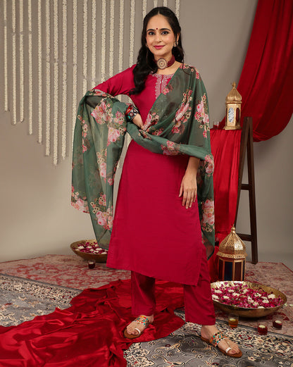 Dhiyona VR Women's Magenta Embroidered Kurta Paired With Straight Trouser And Digital Floral Printed Dupatta