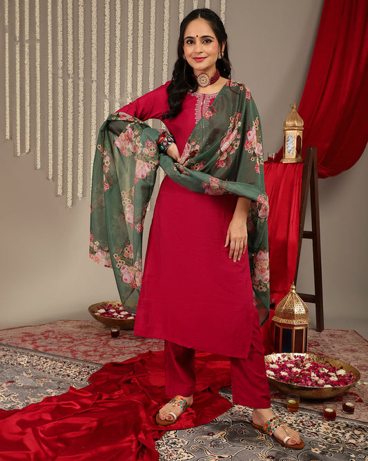 Dhiyona VR Women's Magenta Embroidered Kurta Paired With Straight Trouser And Digital Floral Printed Dupatta