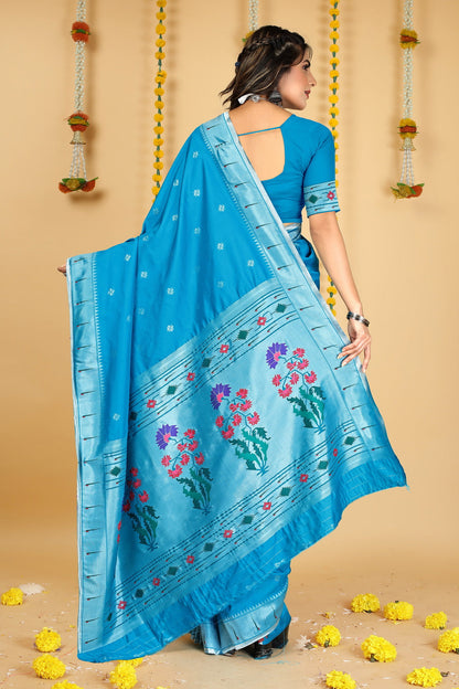 Dhiyona GR Women's Mastani 2 Cyan Blue Zari Paithani Silk Saree