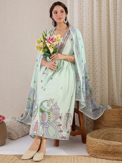 Ethnic Motifs Printed Pure Cotton A-Line Kurta With Trouser & Dupatta