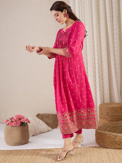 Dhiyona IE Floral Printed Pure Cotton Round Neck A-Line Tunic With Trousers Co-Ords