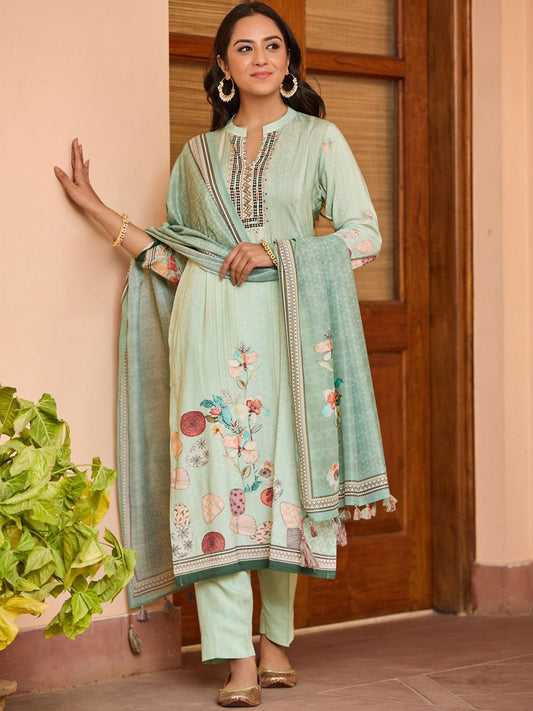 Dhiyona WP Floral Printed Beads & Stones Straight Kurta With Trousers & Dupatta