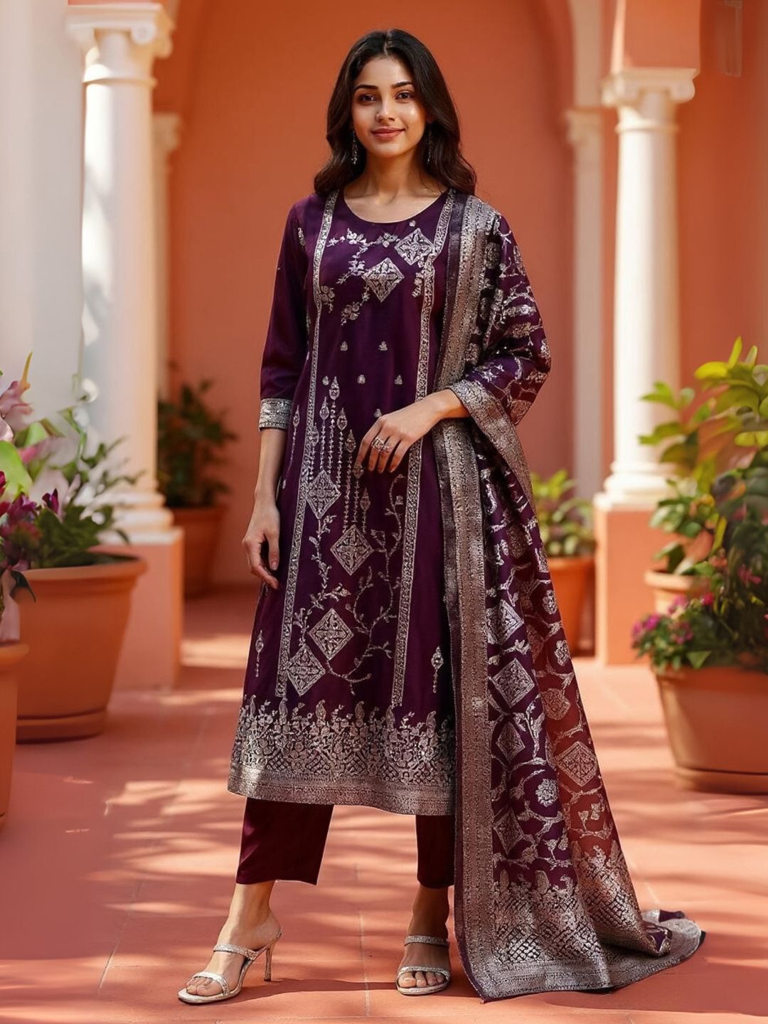 Ethnic Motifs Panelled Kurta With Trousers & Dupatta