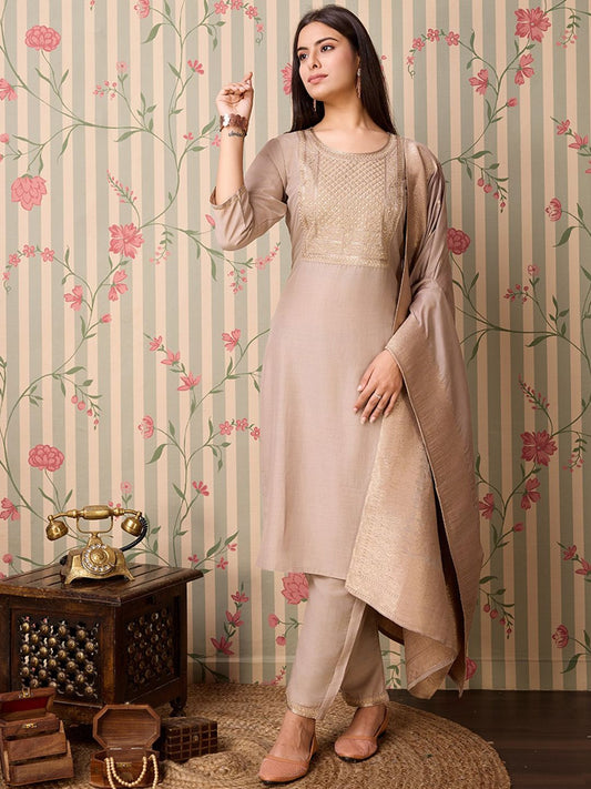 Dhiyona OD  Yoke Design Regular Thread Work Kurta with Trousers & With Dupatta
