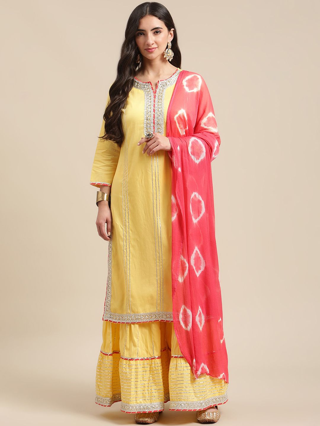 Dhiyona VA Women's Yellow & Pink Gotta Patti Pure Cotton Kurta with Sharara & Shibhori Dupatta