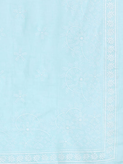 Dhiyona IE Women Turquoise Blue Floral Embroidered Mirror Work Chanderi Silk Kurta with Trousers & With